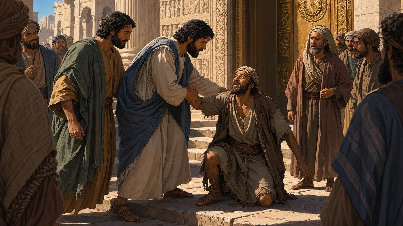 Illustration: Peter and John heal a lame beggar at the Temple gate