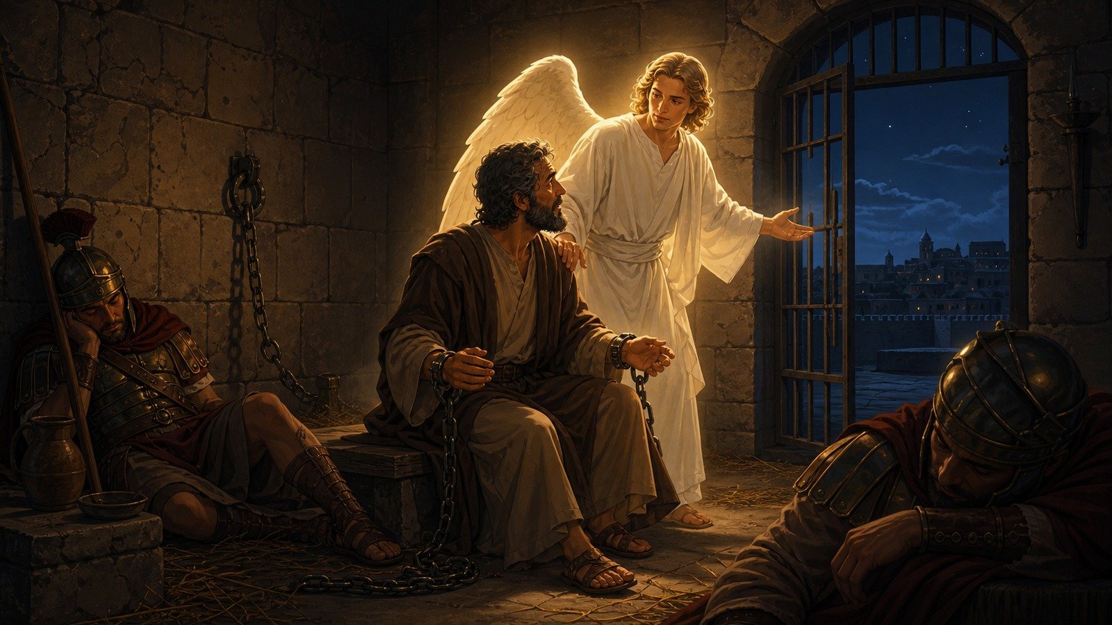 Illustration: Peter imprisoned; freed by an angel