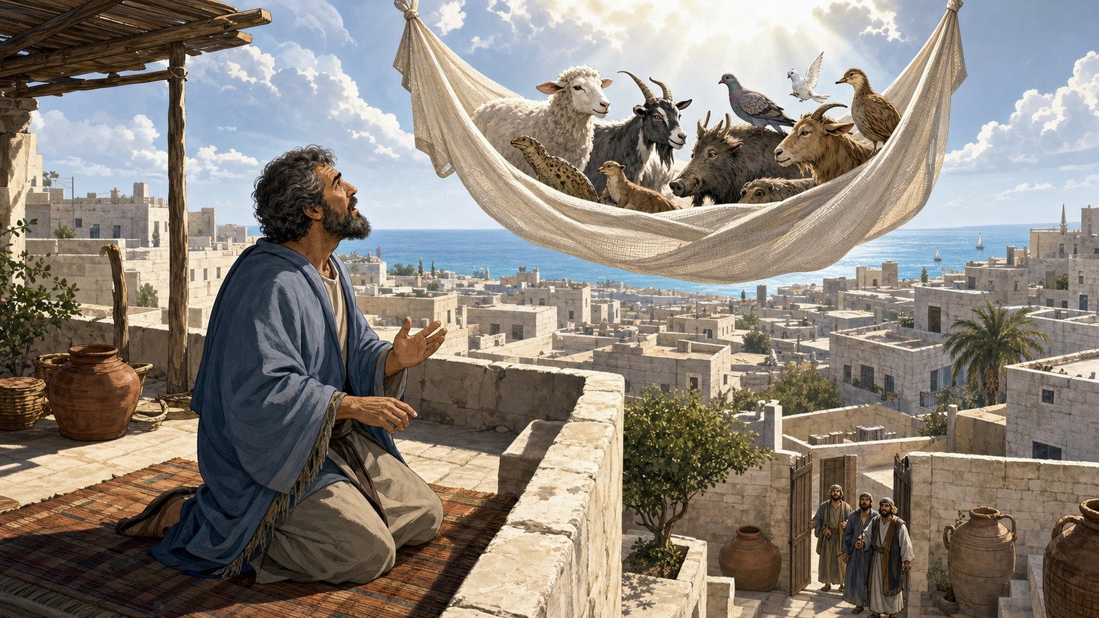Illustration: Peter's vision of the sheet; the call to Cornelius' house