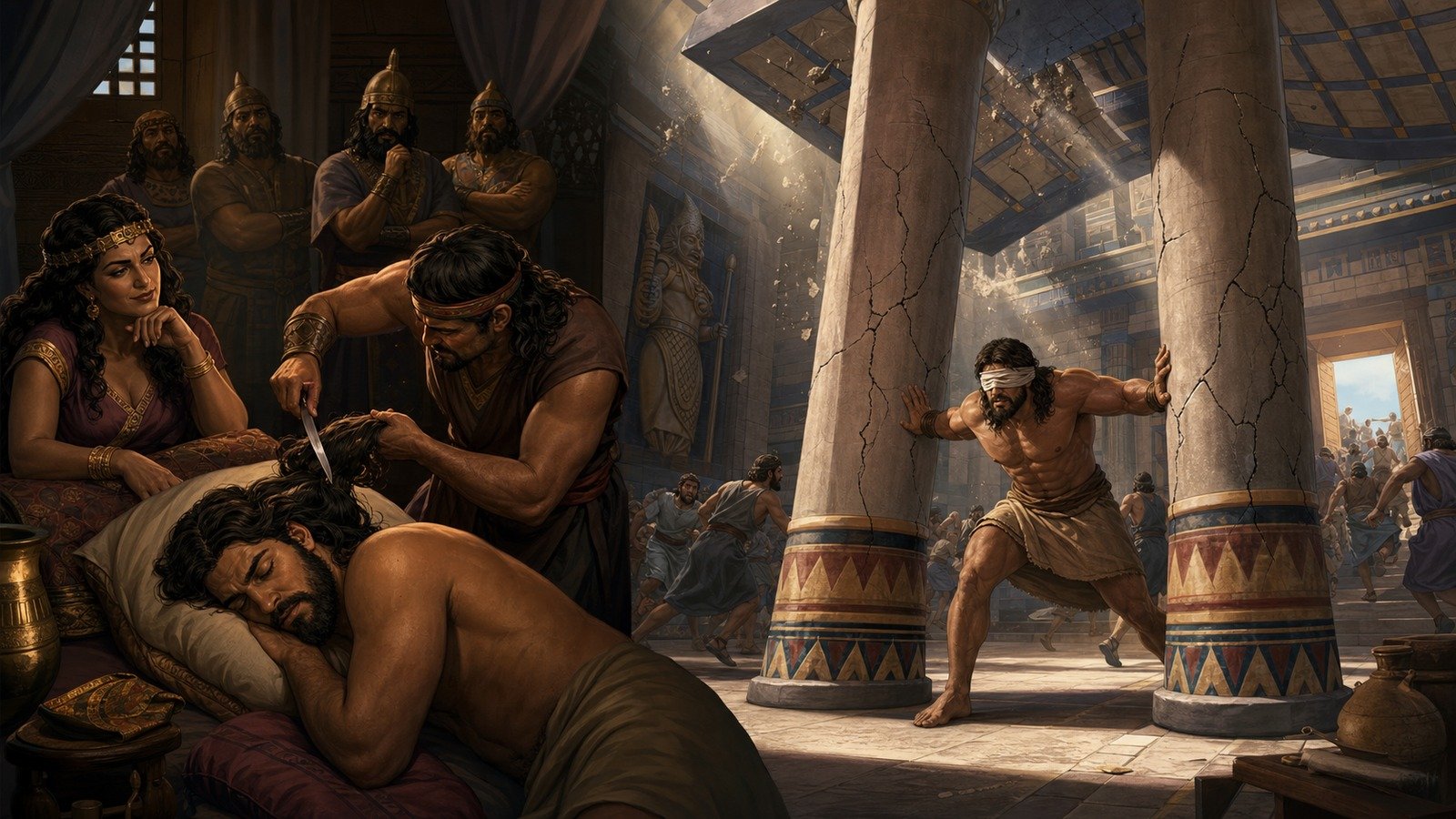 Illustration: Samson's betrayal by Delilah and death