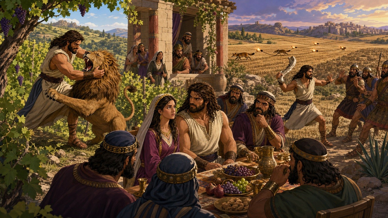 Illustration: Samson's marriage and exploits against the Philistines