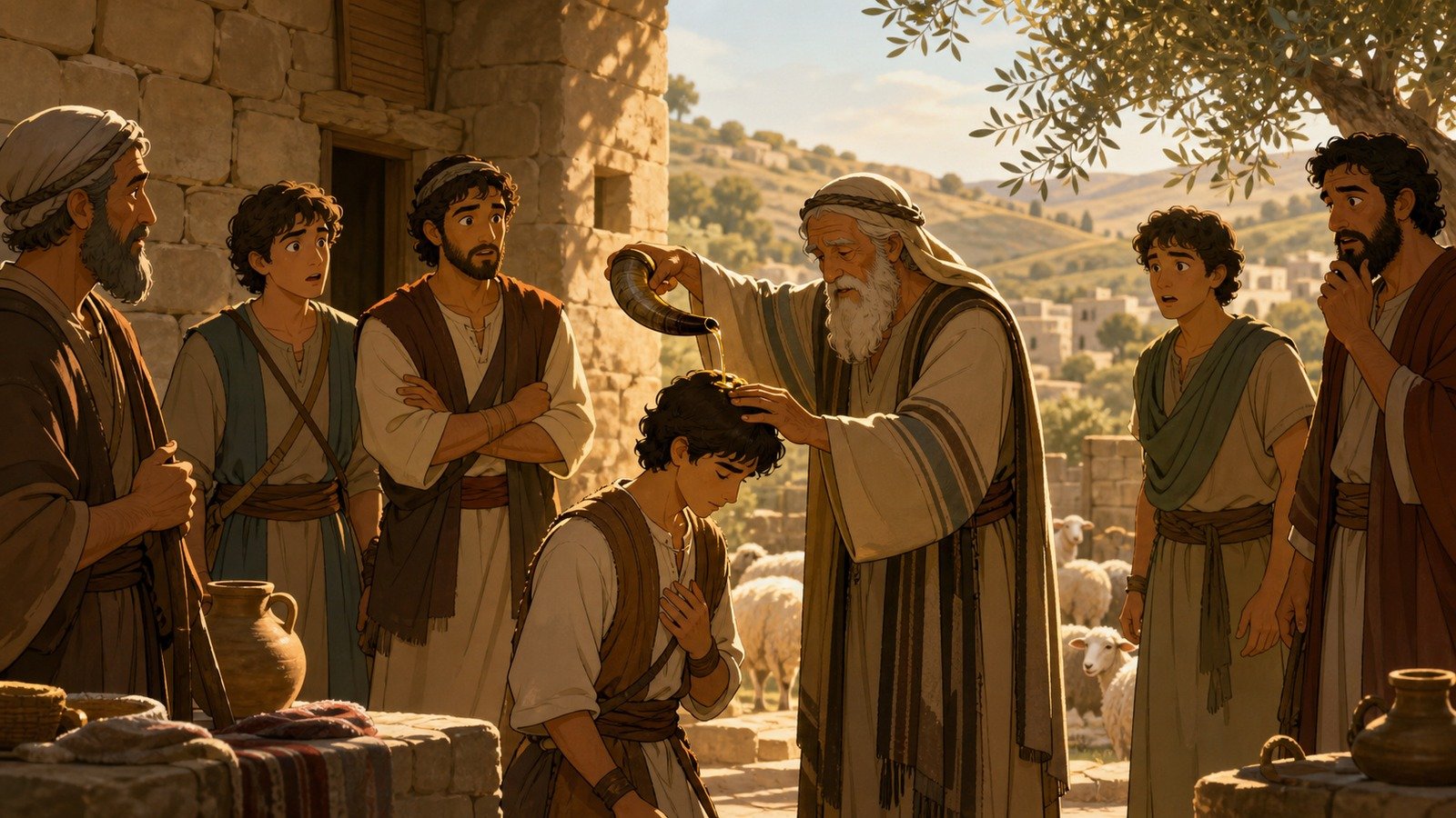 Illustration: Samuel anoints David at Bethlehem