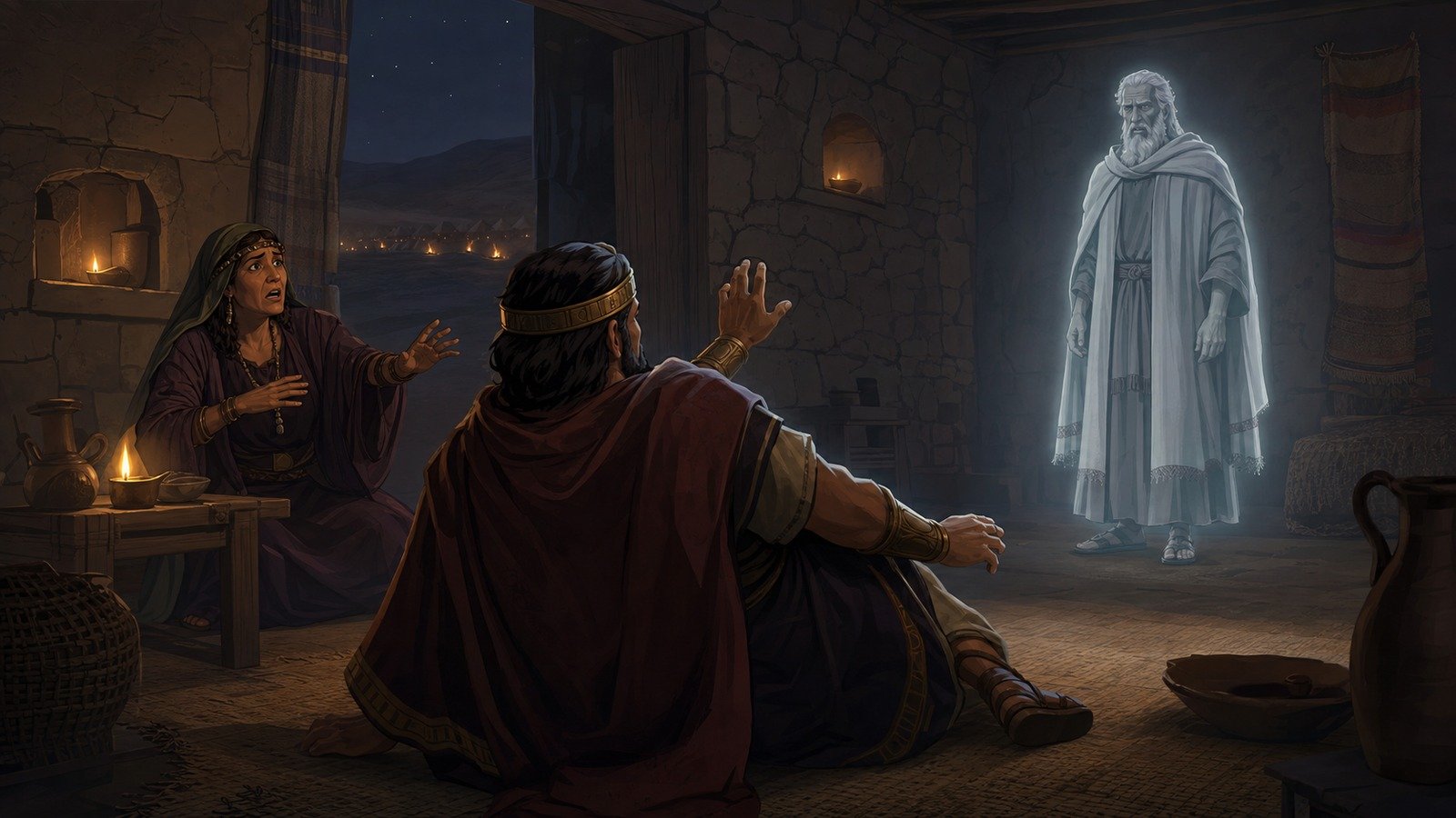 Illustration: Saul consults the medium at Endor