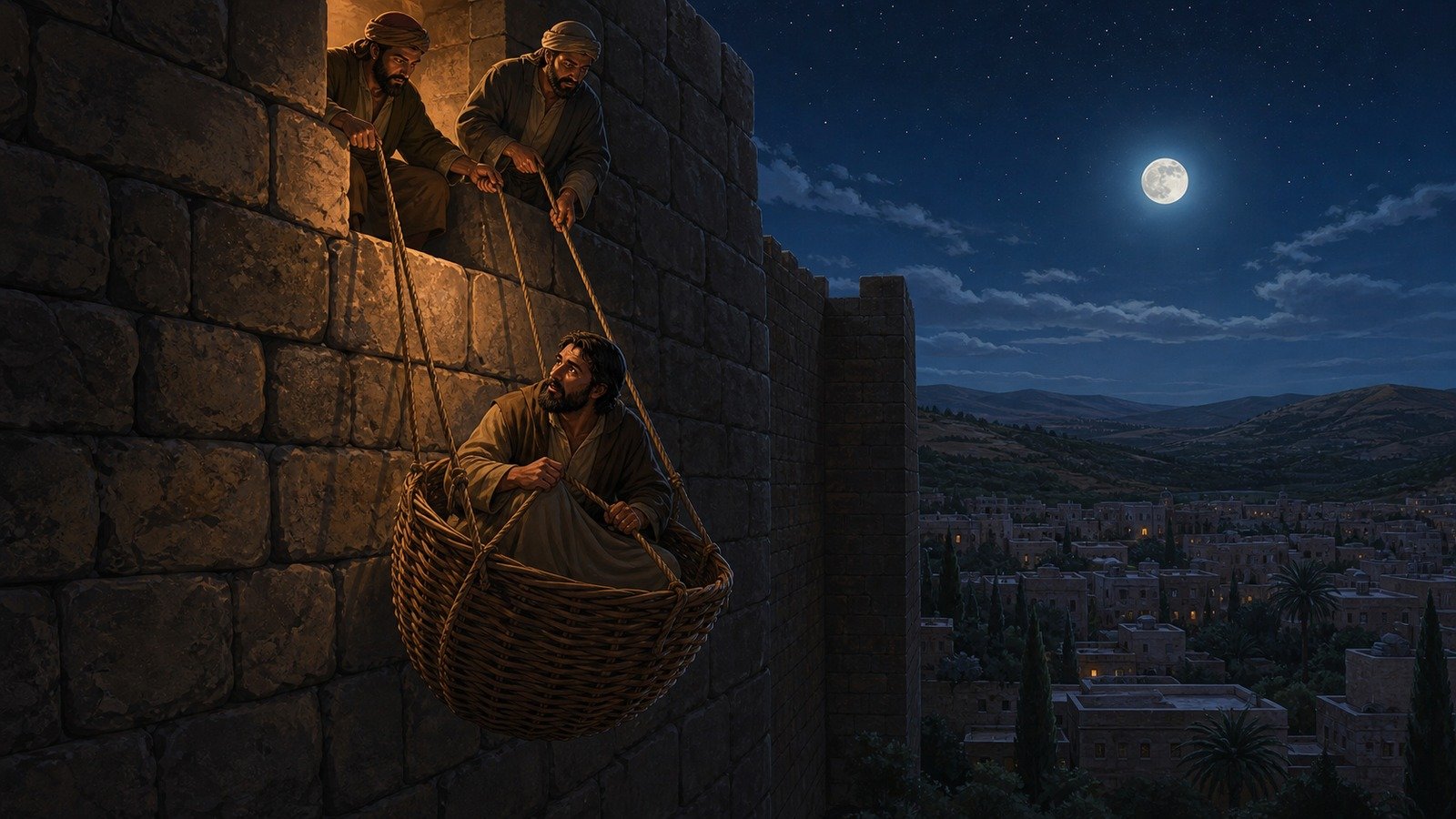 Illustration: Saul preaches in Damascus; escapes over the wall