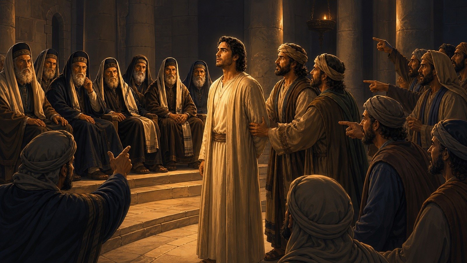 Illustration: Stephen seized and accused before the Sanhedrin