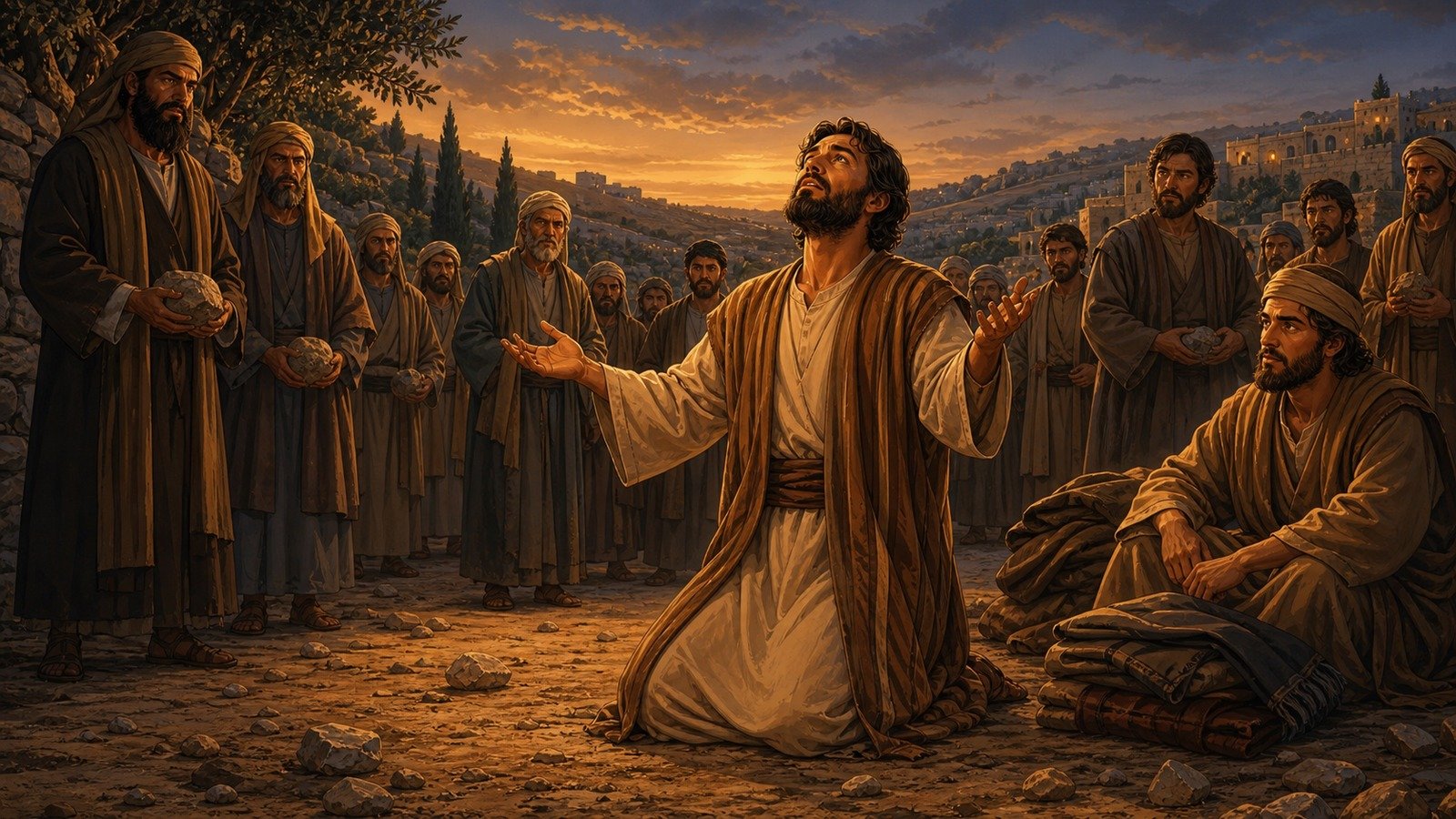 Illustration: Stephen's martyrdom; Saul consents