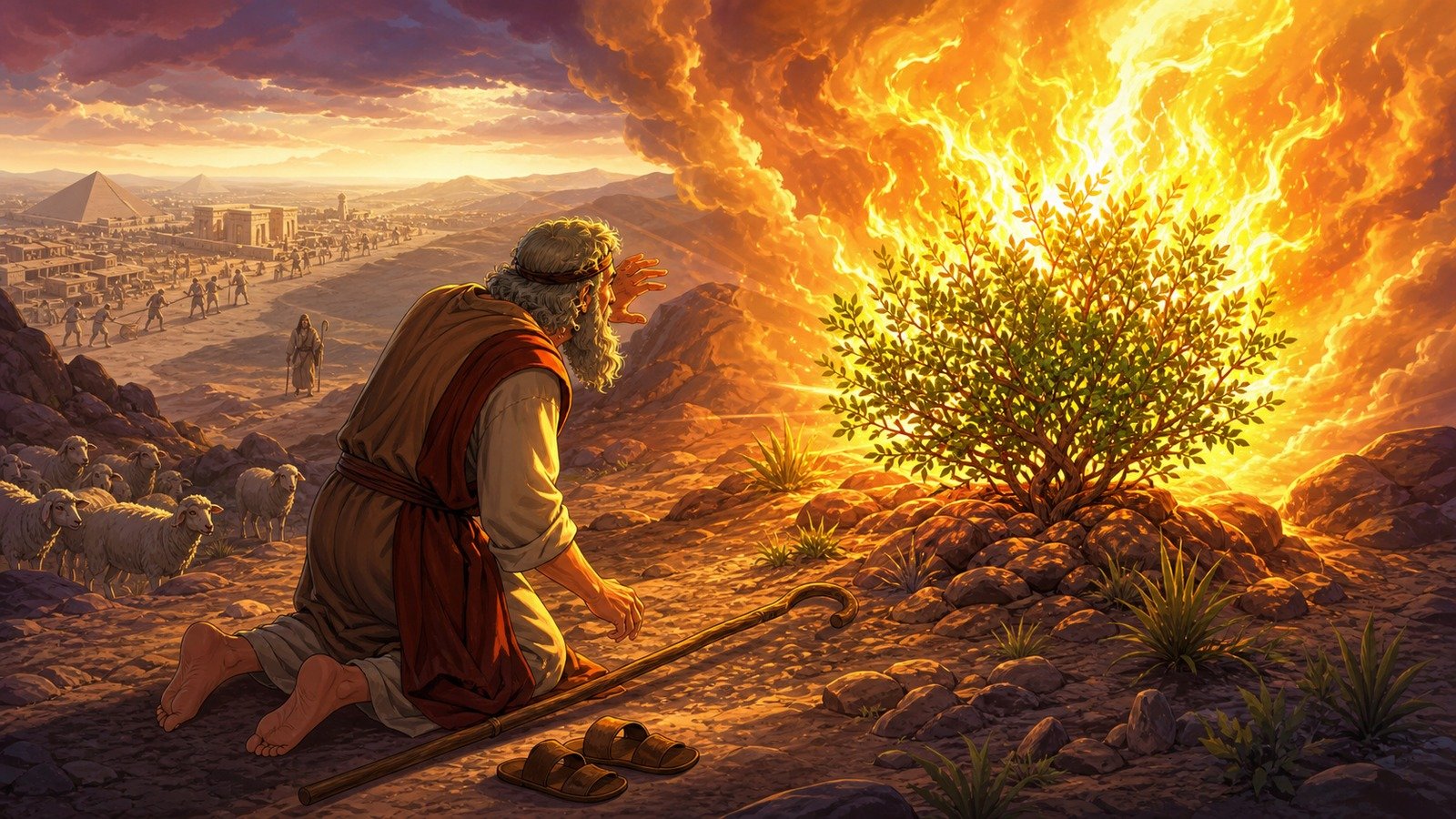 Illustration: The burning bush; God calls Moses