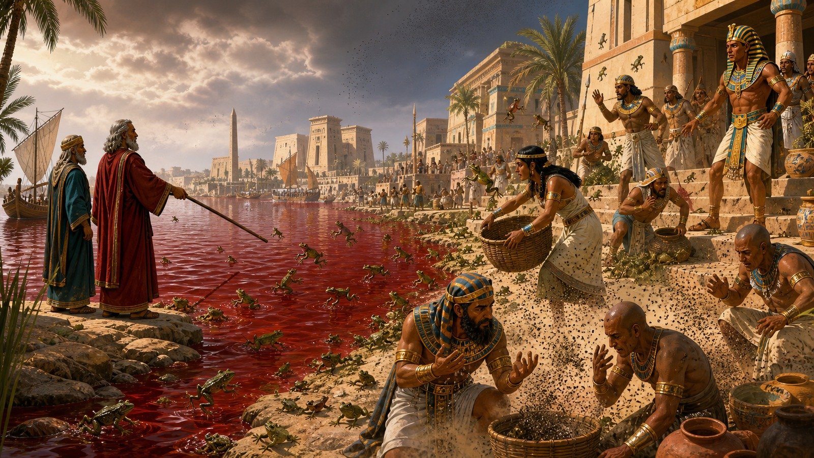 Illustration: The first three plagues: blood, frogs and gnats
