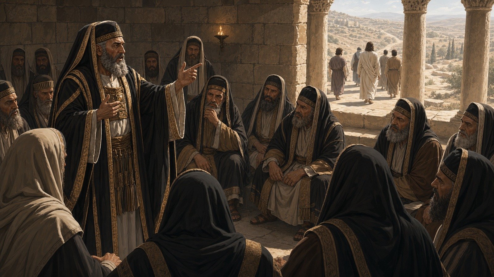 Illustration: The Sanhedrin plots to kill Jesus; Jesus withdraws to Ephraim