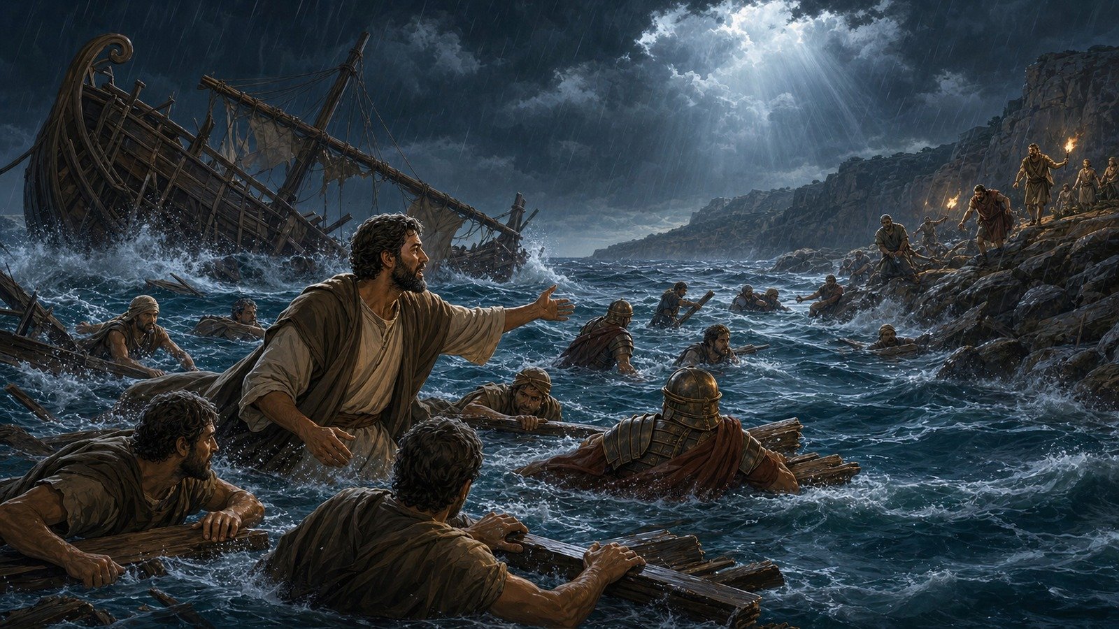 Illustration: Voyage toward Rome; shipwreck at Malta